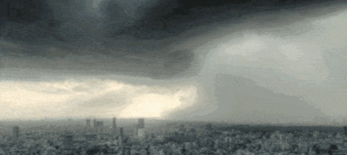 麦德姆风暴下的壮丽画卷，城市震荡与狂风暴雨中的树木猛摇
